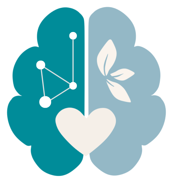 The Muslimah Psychology emblem: a mind in two halves, constellation and leaves, meeting at a heart